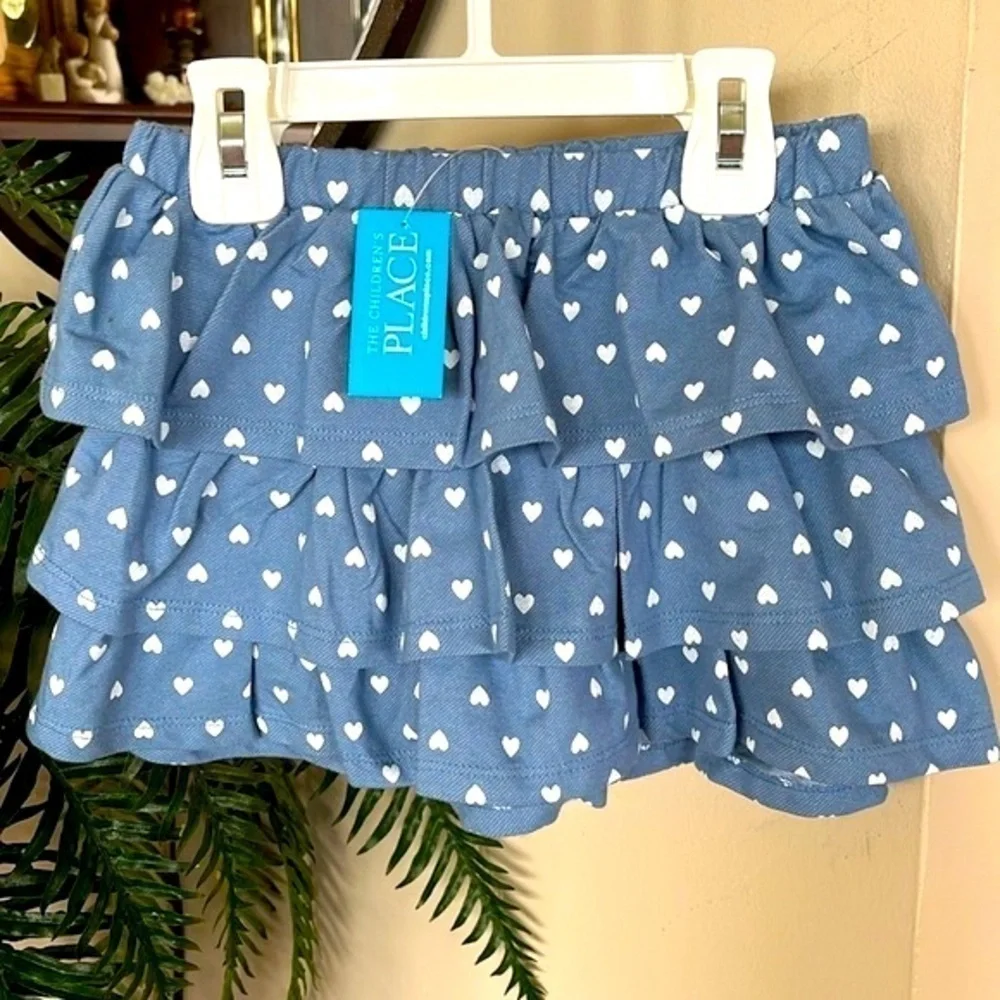 Brand New The Children’s Place Blue Tiered Ruffle Skirt White Heart Polka Dots